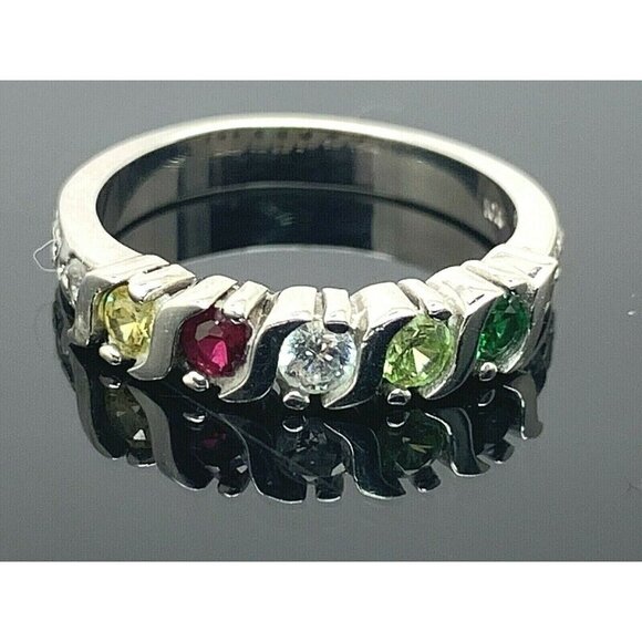 Women's Ring 10k White Gold 5 Cubic Zirconia Multi Colored Gemstones Band Size 7 - Picture 1 of 13